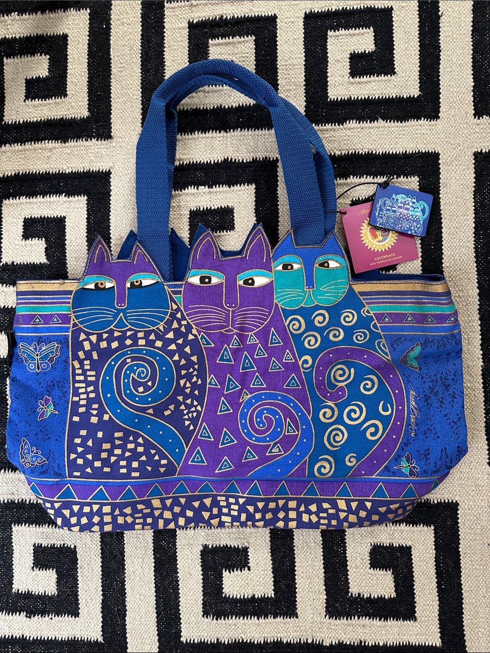 Whimsical Triple Cat Tote Bag - Blue & Purple